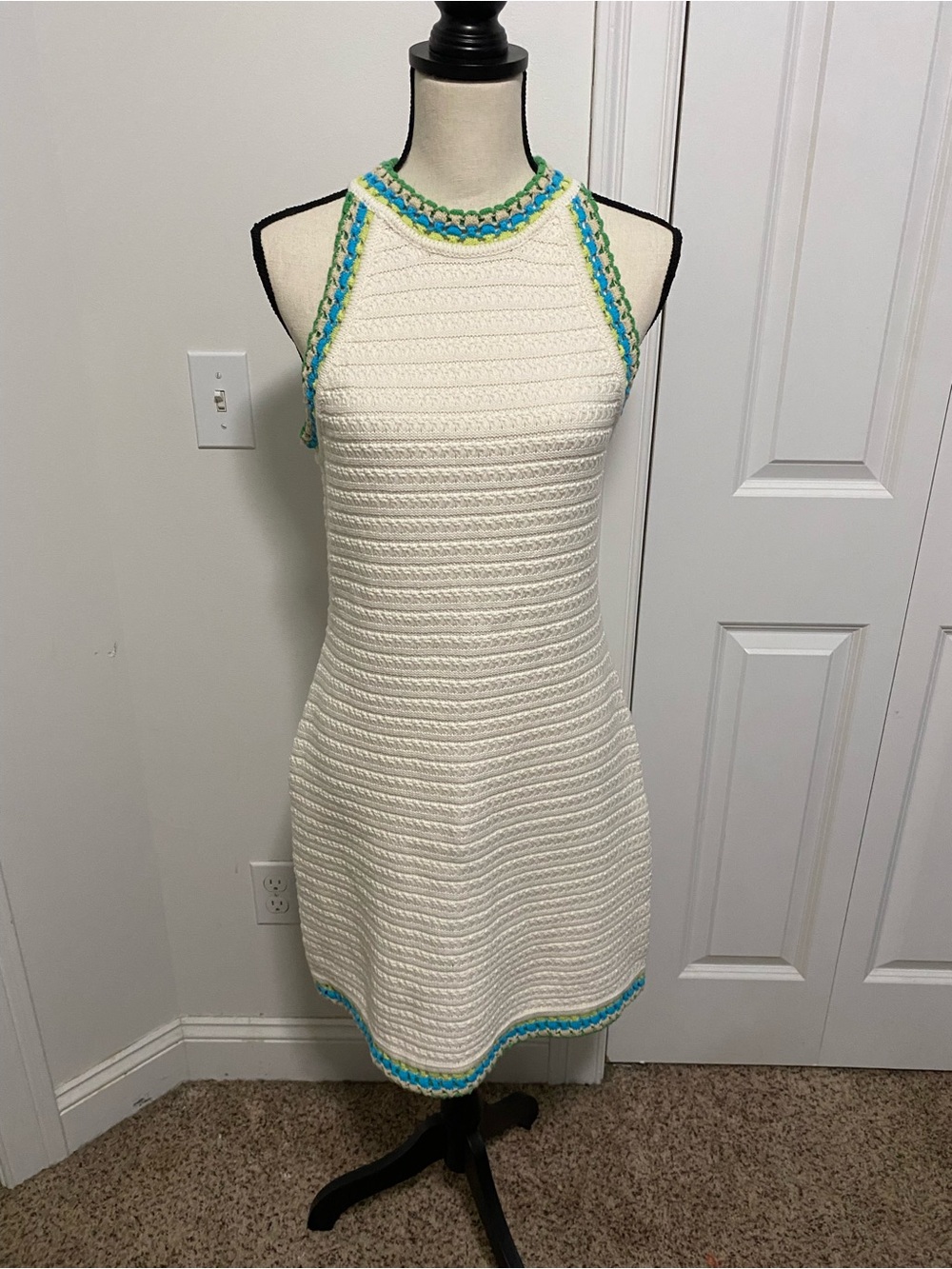House of Harlow 1960 Cream Crochet Dress with Blue & Green Trim